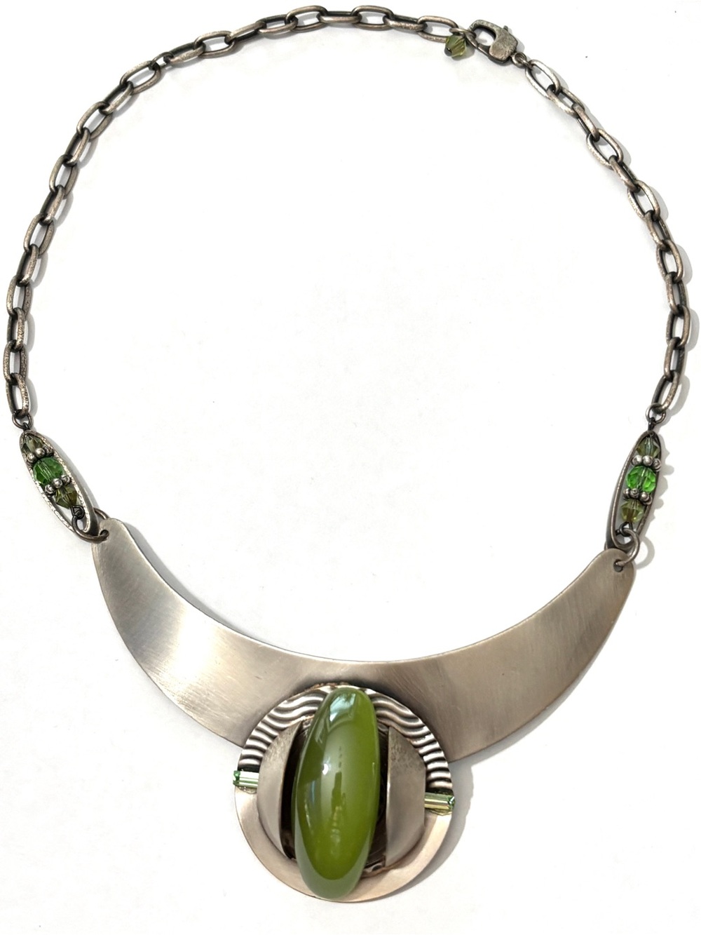 KRYSIA Signed Green Cabochon Silver Tone Bib Collar Statement Necklace